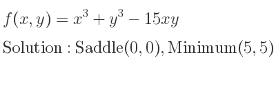 The f(x,y)=x^3+y^3-15xy is Saddle(0,0),Minimum(5,5)